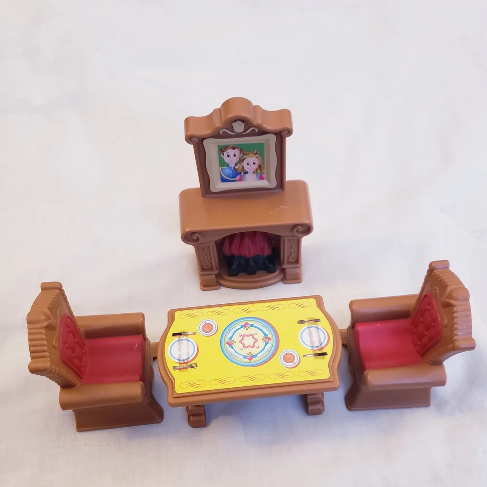 Keenway My Happy Family Dollhouse Furniture: Table, Chairs, Mantle Fireplace